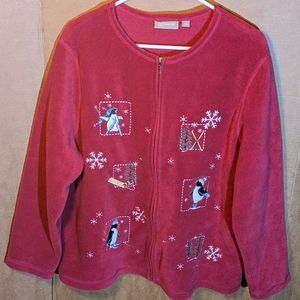 Croft & Barrow Women's 1X Red Fleece Full Zip Cardigan w/ Xmas Scenery